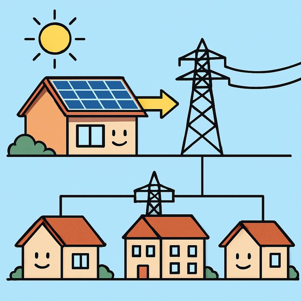Schema di una comunità energetica: una casa con pannelli solari immette energia in rete, condivisa con le abitazioni vicine